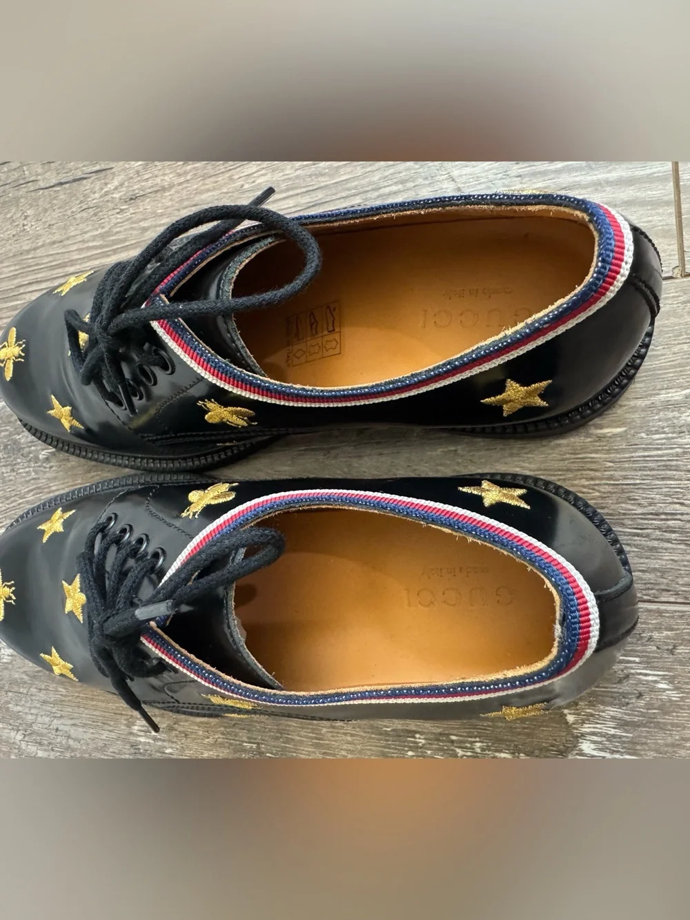 Gucci Kids EU 33 Black Leather Bee Star Embroidered Derby Dress Shoes Sylvie Web